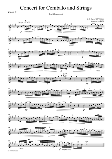 J.S.Bach  Concerto for Cembalo and Strings, 2nd mvt., BWV1056, for string quartet, CB211 (arr. FCMUSIC)