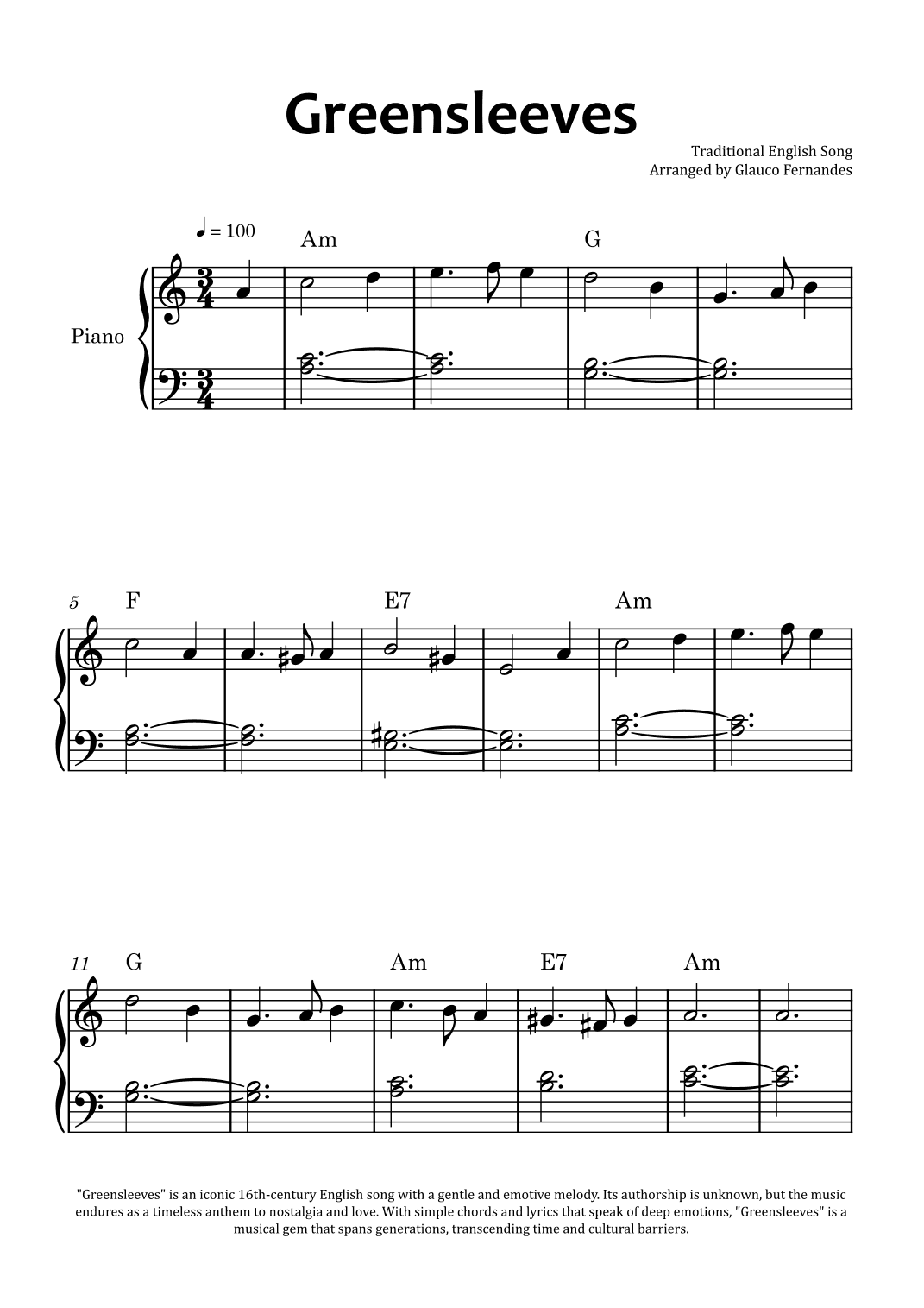 Greensleeves - Easy Piano with Chord Charts (arr. Glauco Fernandes)