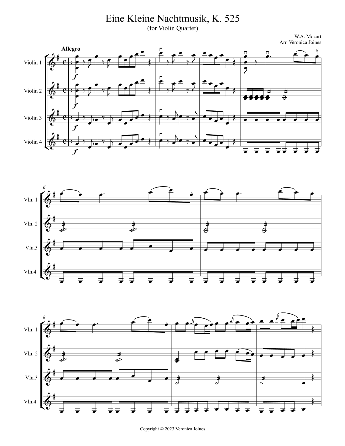 Eine Kleine Nachtmusik for Violin Quartet (1st Movement) (arr. Veronica Joines)