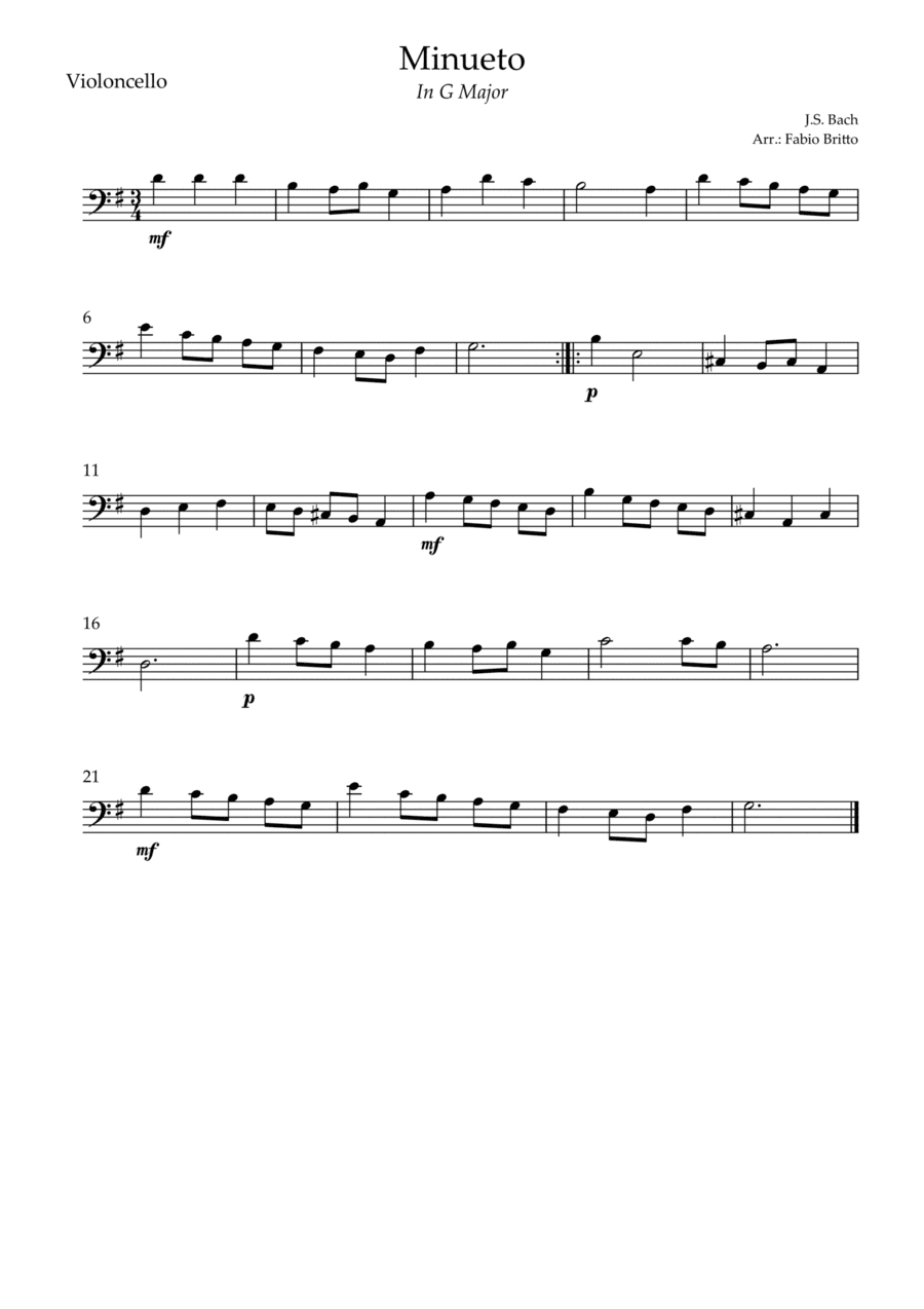 Minueto in G Major ( J.S. Bach) for Cello Solo (arr. Fabio Britto)