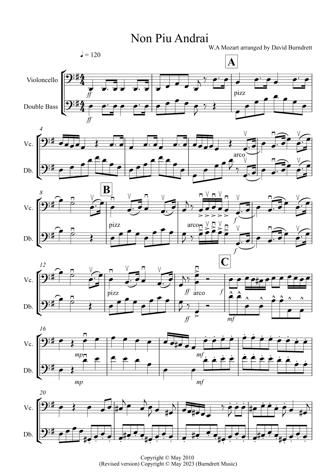 Non Piu Andrai for Cello and Double Bass (arr. David Burndrett)