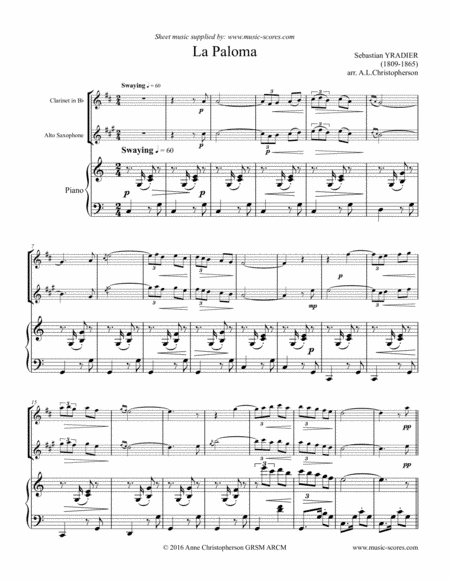 La Paloma - Clarinet, Alto Sax and Piano (arr. Anne L Christopherson GRSM ARCM)