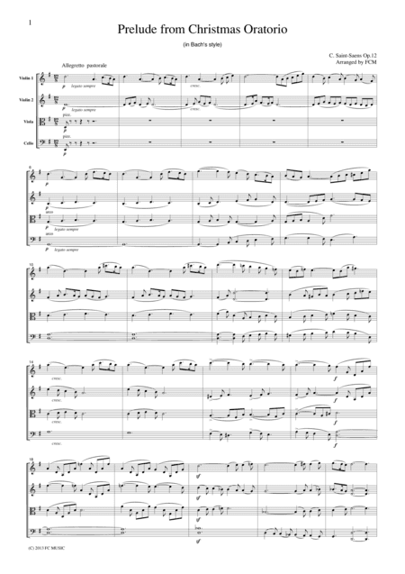 Saint-Saens Prelude from Christmas Oratorio, for string quartet, CH917 (arr. FCMUSIC)