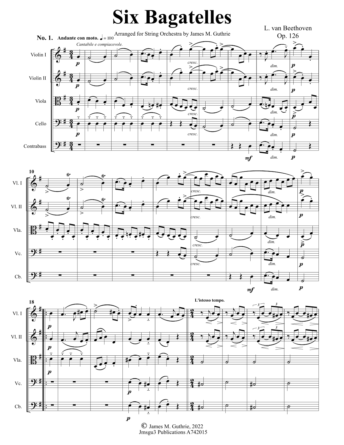 Beethoven: Six Bagatelles Op. 126 for String Orchestra (arr. James M. Guthrie)