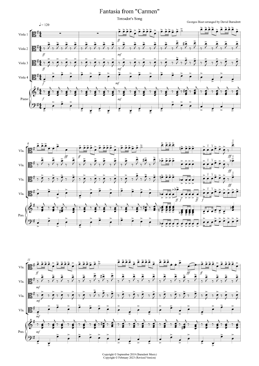 Toreador's Song (Fantasia) for Viola Quartet (arr. David Burndrett)
