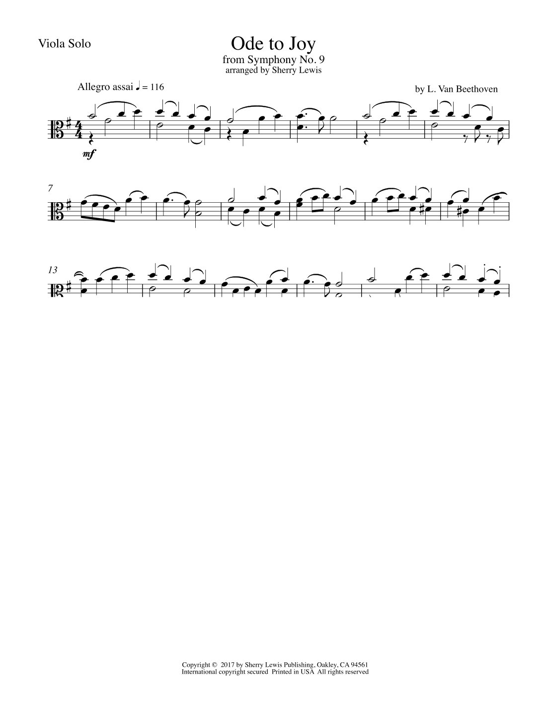 Ode To Joy from Symphony No. 9 for Viola Solo (arr. Sherry Lewis)