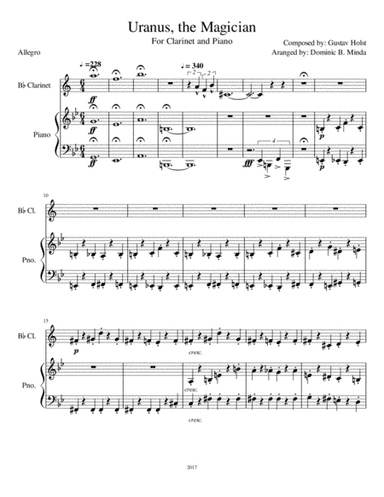 Uranus from "The Planets" for clarinet and piano. (arr. Dominic B. Minda)