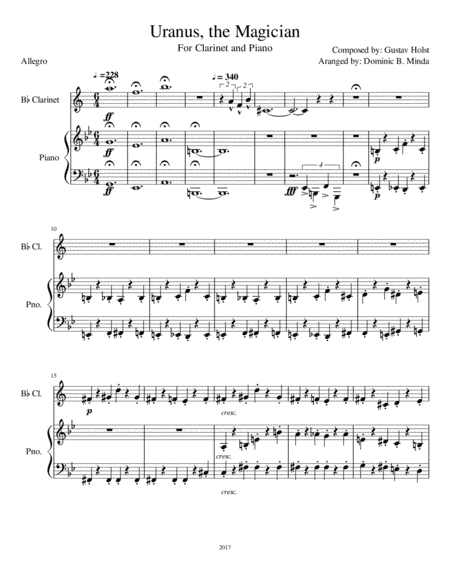 Uranus from "The Planets" for clarinet and piano. (arr. Dominic B. Minda)
