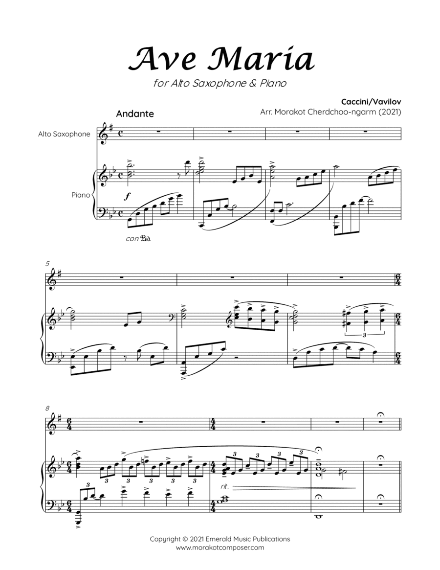 AVE MARIA Caccini for Alto Saxophone & Piano (arr. Morakot Cherdchoo-ngarm)