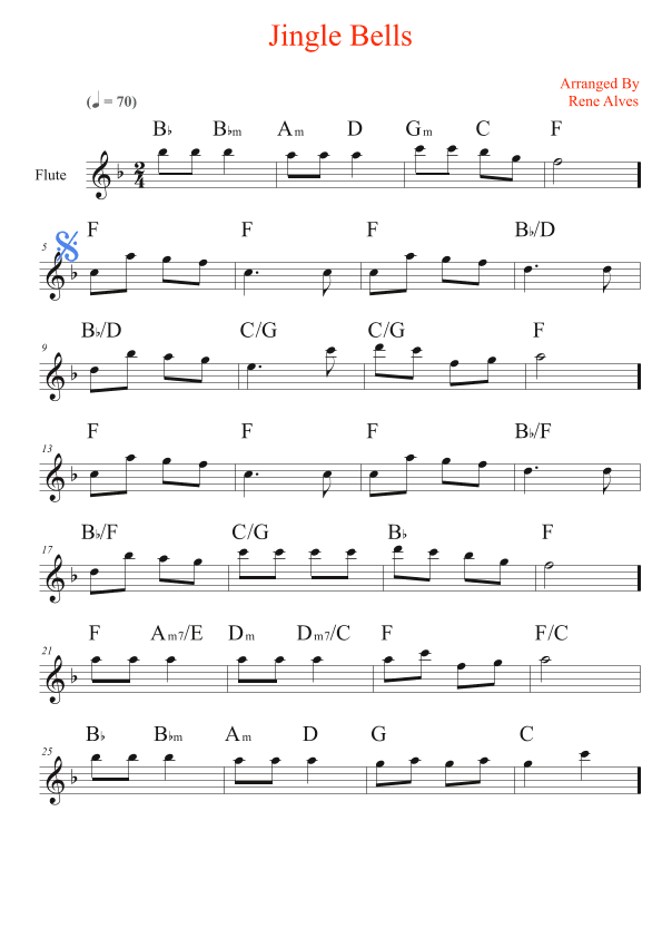 jingle bells, Christmas music of cipher and melody for flute (arr. Rene Alves)