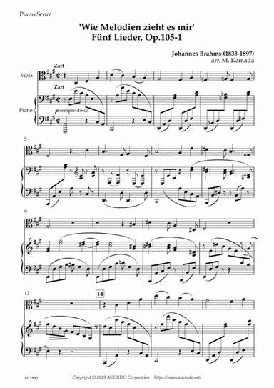 ‘Wie Melodien zieht es mir (It moves like a melody)' Op.105-1 for Viola & Piano (arr. Kamada, Mikio)