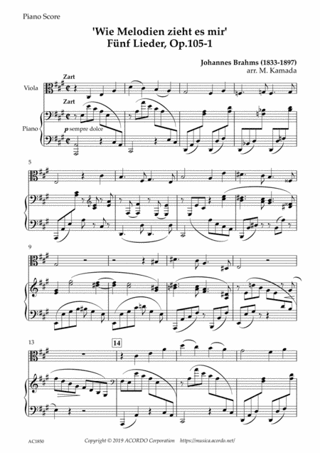 ‘Wie Melodien zieht es mir (It moves like a melody)' Op.105-1 for Viola & Piano (arr. Kamada, Mikio)
