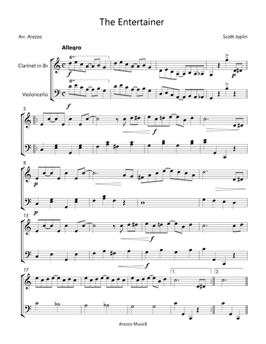 The Entertainer Clarinet and Cello sheet Music - short Version  (arr. Arezzo Music)