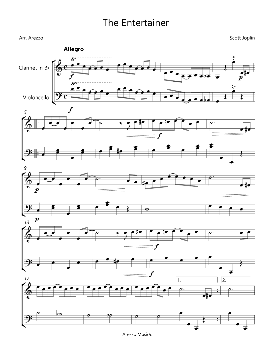 The Entertainer Clarinet and Cello sheet Music - short Version  (arr. Arezzo Music)