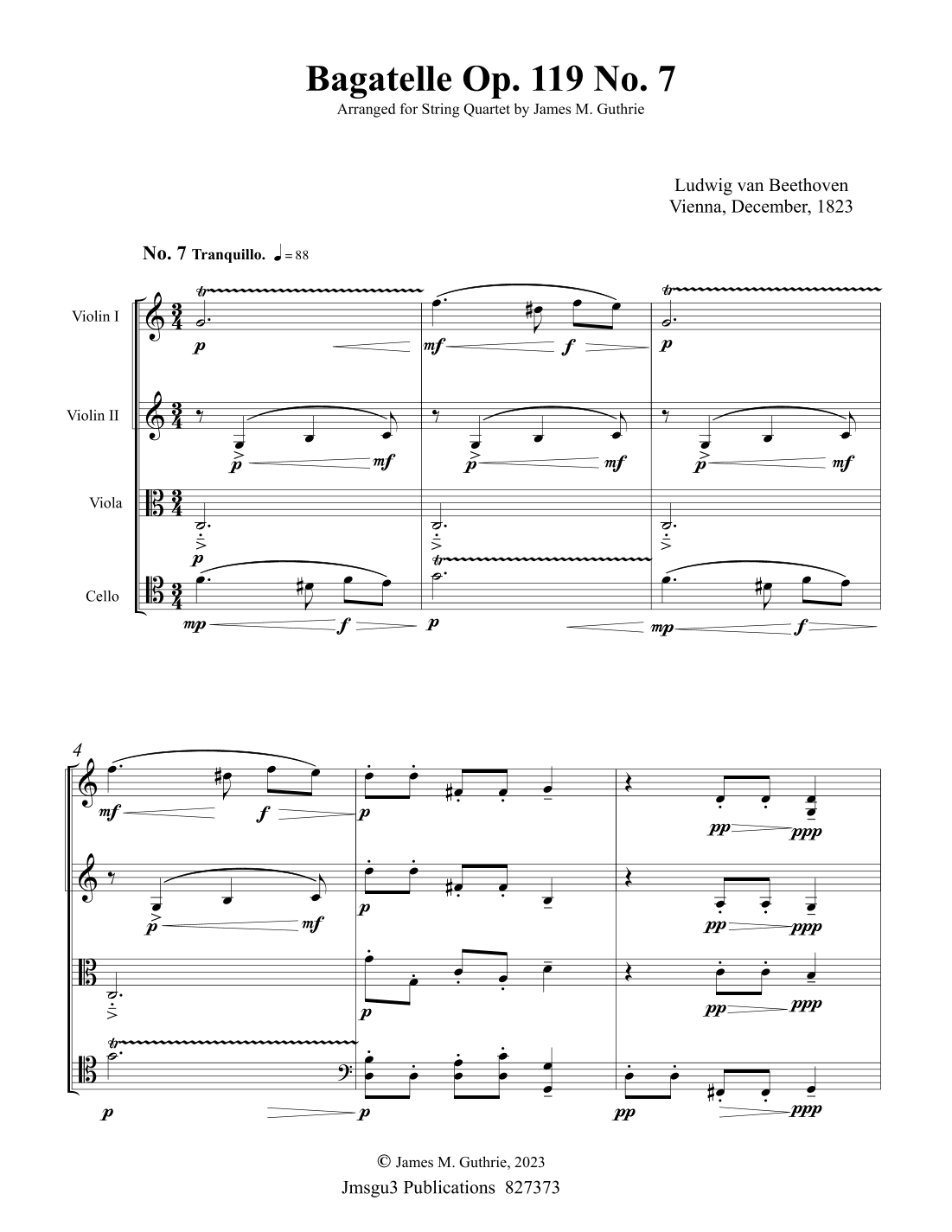 Beethoven: Bagatelle Op. 119 No. 7 for String Quartet (arr. James M. Guthrie, ASCAP)