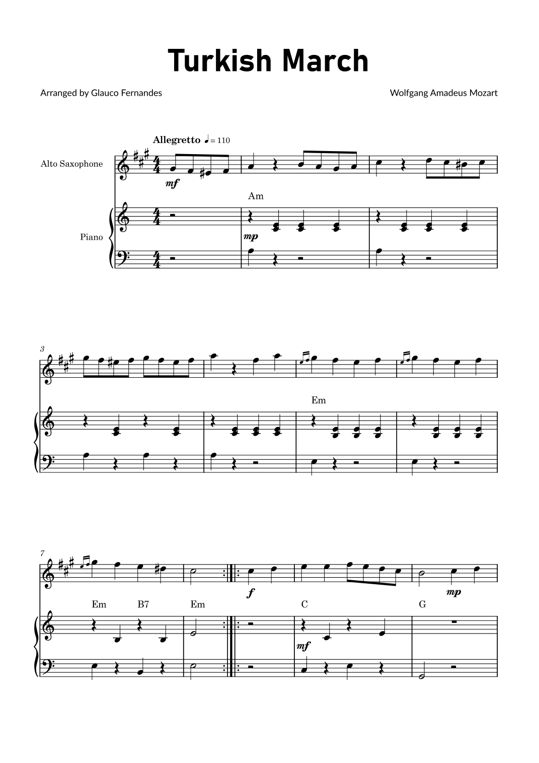Turkish March by Mozart - Alto Saxophone and Piano with Chord Notations (arr. Glauco Fernandes)