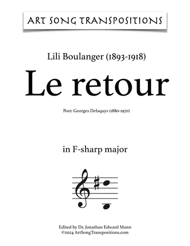 BOULANGER: Le retour (transposed to F-sharp major) (arr. ArtSongTranspositions.com)