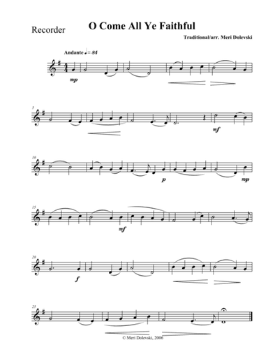 O Come All Ye Faithful: recorder/piano (arr. Meri Dolevski)