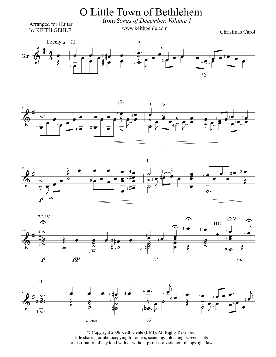 "O Little Town of Bethlehem" for classical fingerstyle guitar (arr. Keith W. Gehle)