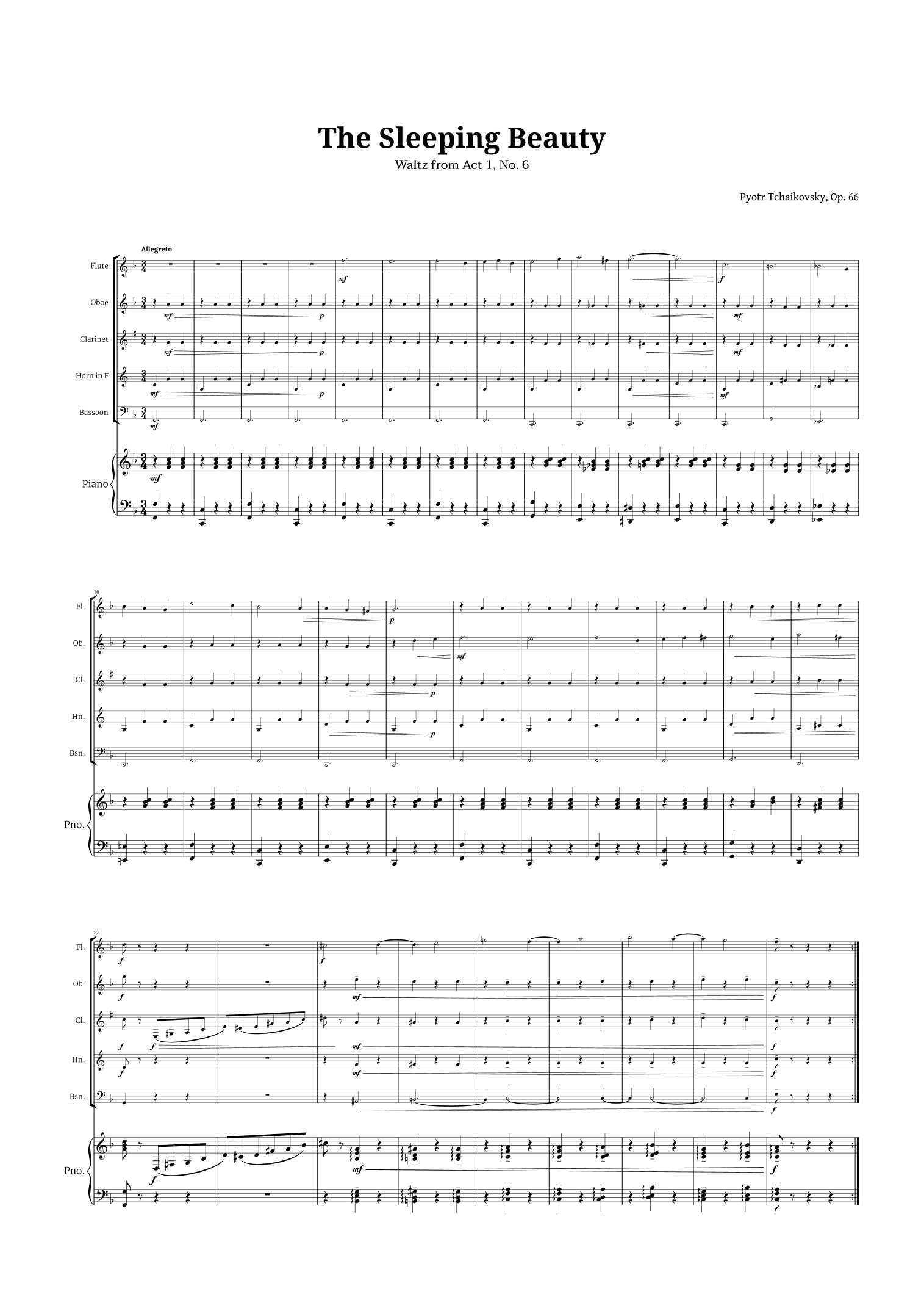 The Sleeping Beauty Waltz for Woodwind Quintet and Piano (arr. Langanho)