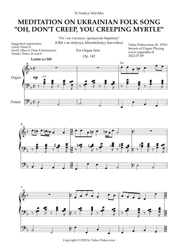 Meditation on Ukrainian Folk Song "Oh, Don't Creep, You Creeping Myrtle", Op.142 (Organ Solo)