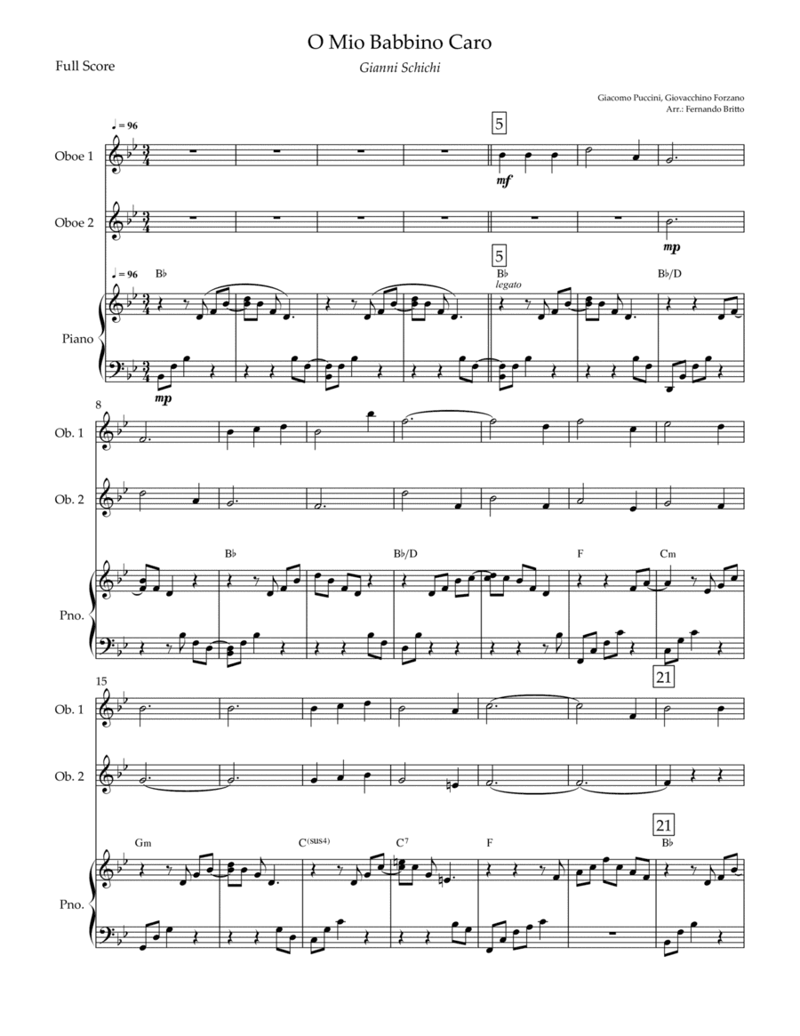O Mio Babbino Caro (Puccini) for Oboe Duo and Piano Accompaniment with Chords (arr. Fernando Britto)
