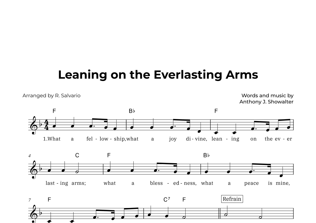 Leaning on the Everlasting Arms (Key of F Major) (arr. R. Salvario)