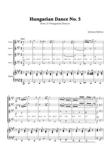 Hungarian Dance No. 5 by Brahms for Violin Quartet and Piano (arr. Rika K.)