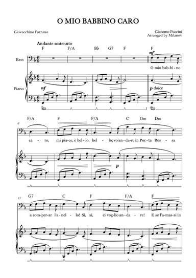 O Mio Babbino Caro | Male Voice Bass | FMajor | Piano accompaniment | Pedal | Chords (arr. Milanov)