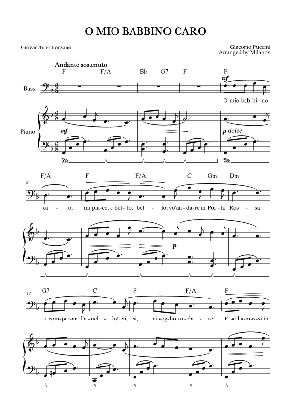 O Mio Babbino Caro | Male Voice Bass | FMajor | Piano accompaniment | Pedal | Chords (arr. Milanov)