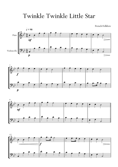 Twinkle Twinkle Little Star in Bb Major for Flute and Cello (Violoncello) Duo. Easy version. (arr. Matheus Araújo)