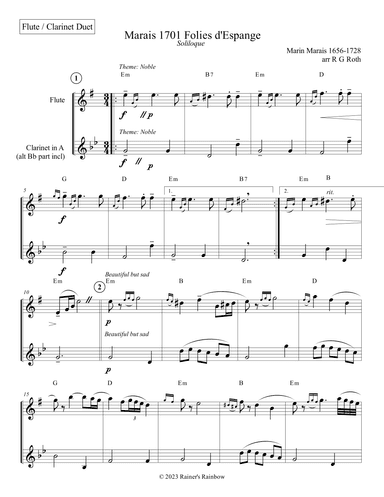 Marais 1701 Folies d'Espagne Flute and Clarinet Duet Score and Parts (arr. R G Roth)