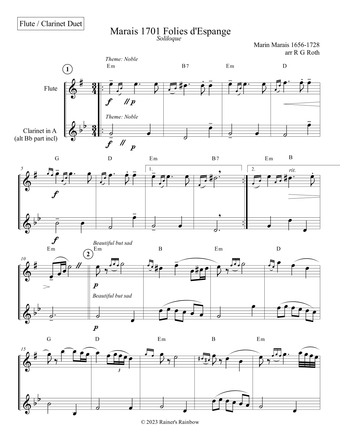 Marais 1701 Folies d'Espagne Flute and Clarinet Duet Score and Parts (arr. R G Roth)