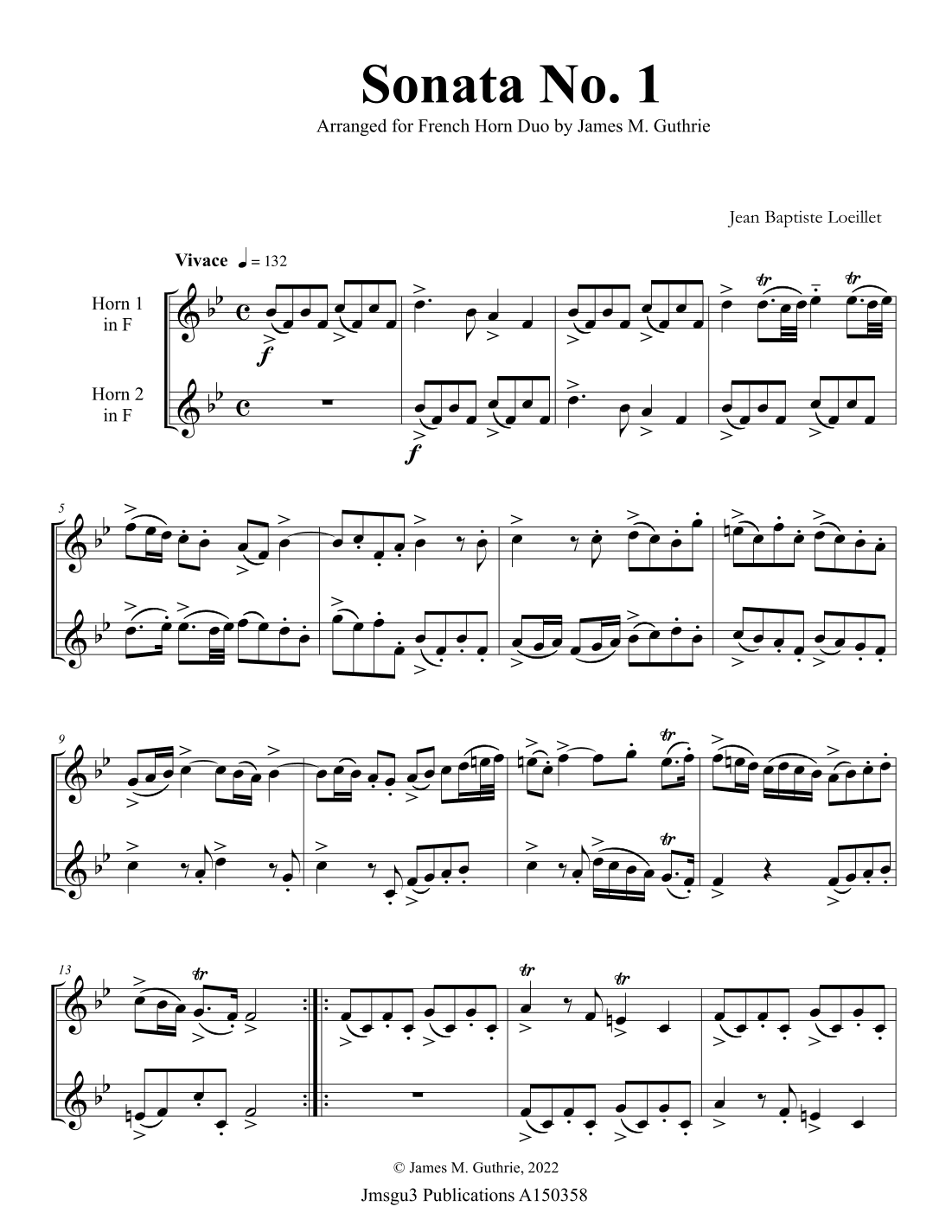 Loeillet: Sonata No. 1 for French Horn Duo (arr. James M. Guthrie)