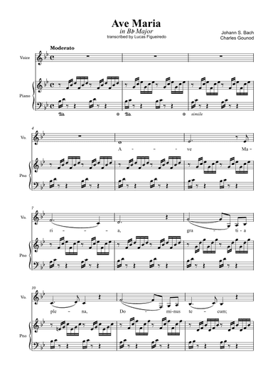 Ave Maria (Bach-Gounod) in Bb Major for Piano and Voice (arr. Lucas Figueiredo)