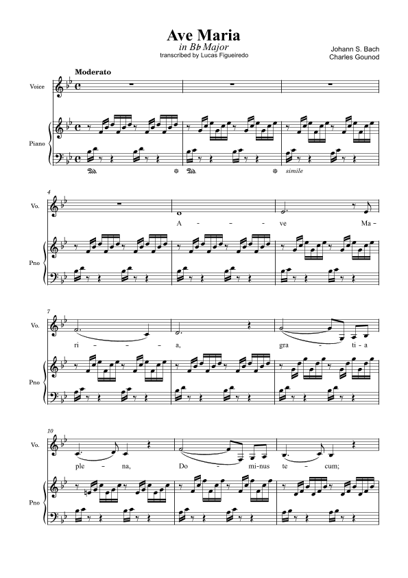 Ave Maria (Bach-Gounod) in Bb Major for Piano and Voice (arr. Lucas Figueiredo)