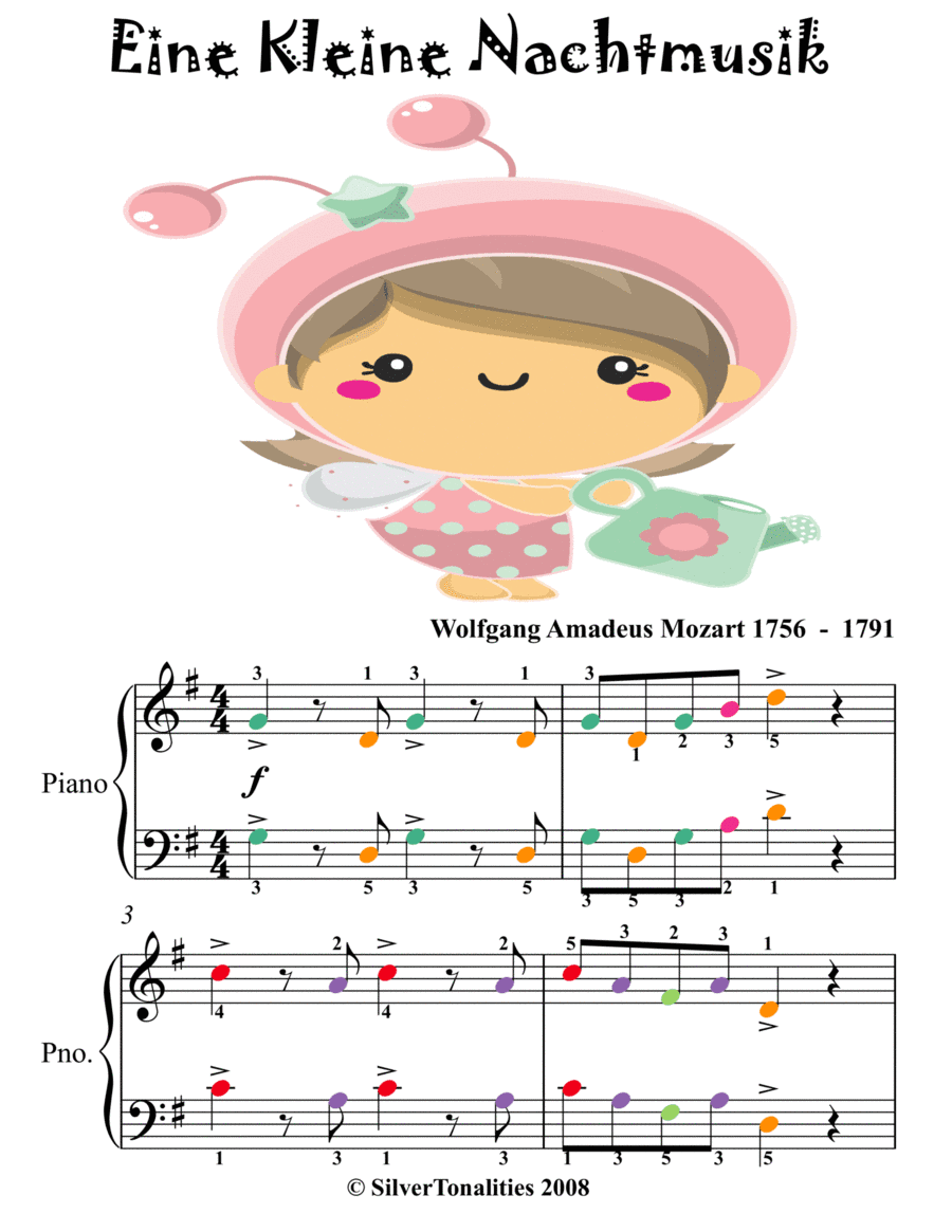 Eine Kleine Nachtmusik Easy Piano Sheet Music with Colored Notes (arr. SilverTonalities)