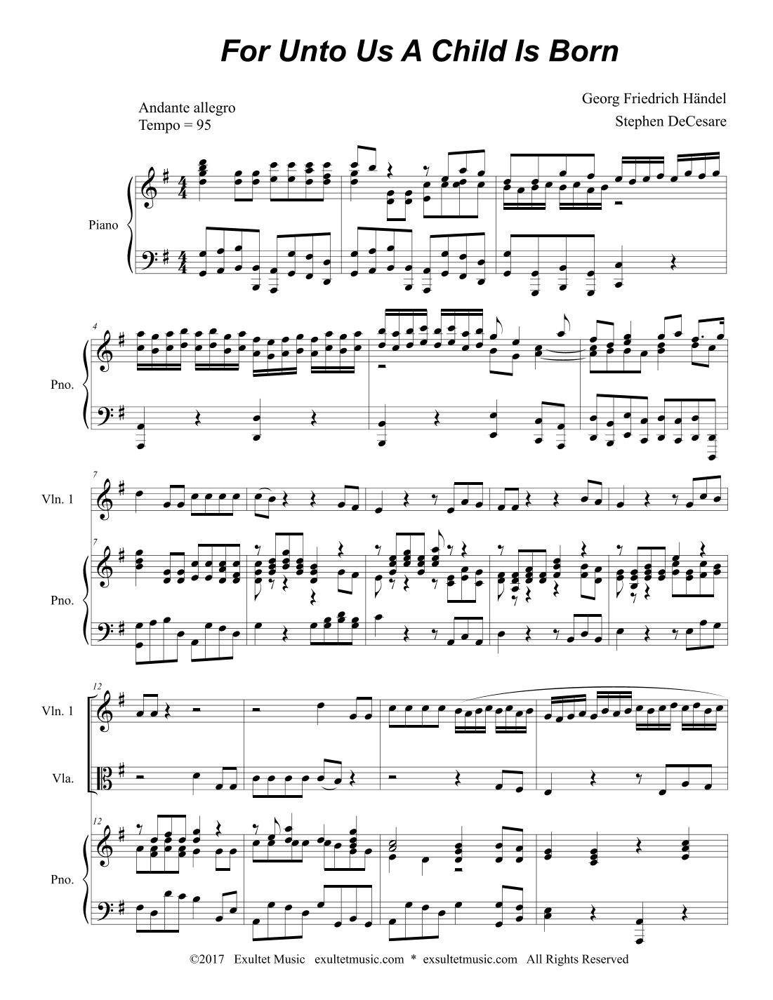 For Unto Us A Child Is Born (String Quartet and Piano) (arr. Stephen DeCesare)