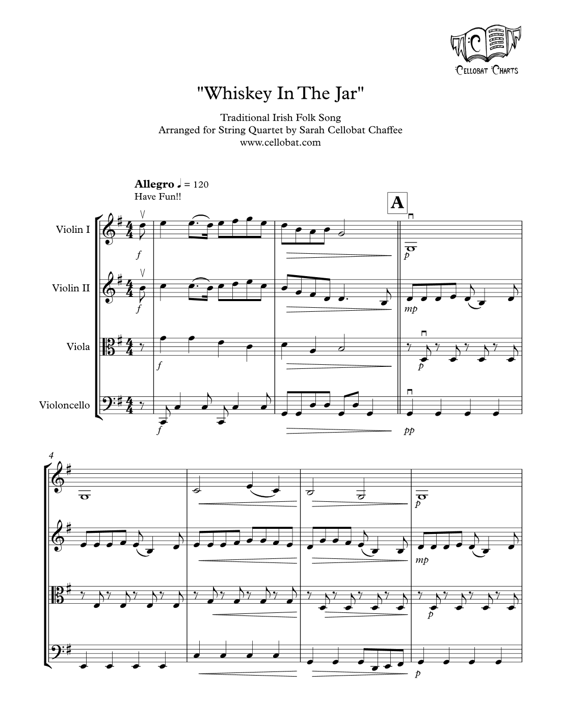 Whiskey In The Jar - String Quartet - Traditional Irish arr. Cellobat - Recording Available! (arr. Sarah Cellobat Chaffee)