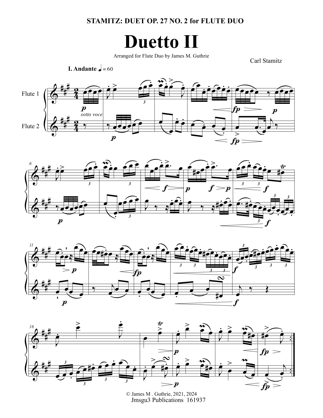 Stamitz: Duet Op. 27 No. 2 for Flute Duo (arr. James M. Guthrie)