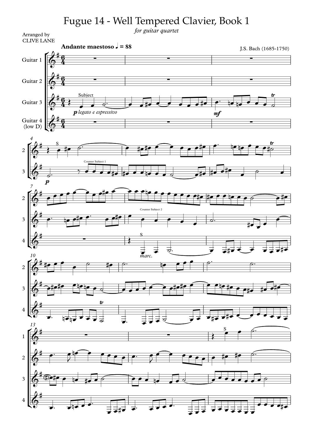 J S Bach Fugue 14 (Well-Tempered Clavier) for guitar quartet (arr. Clive Lane)