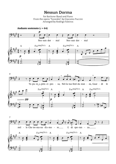 Nessun Dorma (for baritone or bass and piano) (arr. Rodrigo Faleiros)