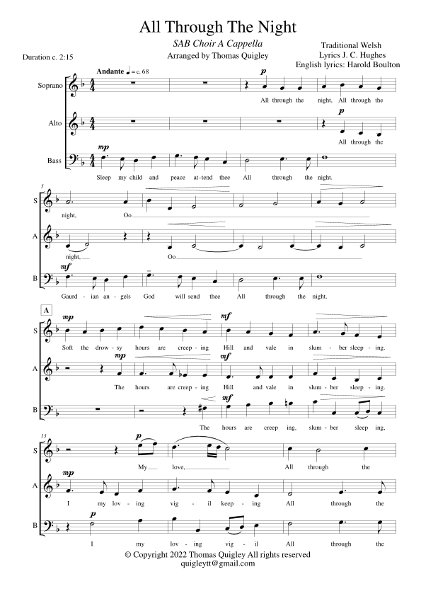 All Through The Night (SAB Choir A Cappella) (arr. Thomas Quigley)