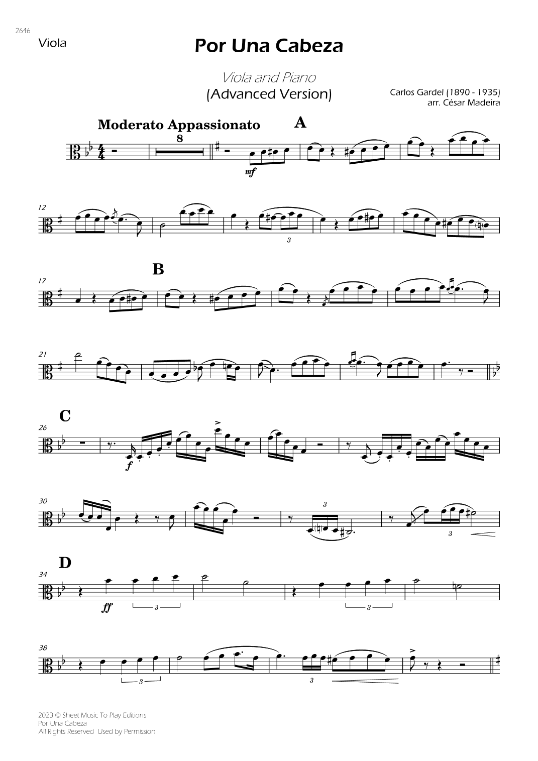 Por Una Cabeza - Viola and Piano - Advanced (Individual Parts) (arr. César Madeira)