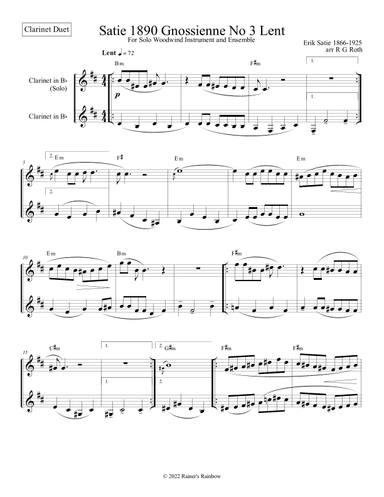 Satie Gnossienne No 3 for Clarinet Duet With Chords (arr. R G Roth)