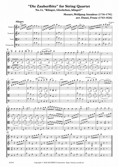 "Die Zauberflöte" for String Quartet, No.14, "Klinget, Glockchen, klinget!" (arr. Danzi, Franz Ignaz (1763-1826))