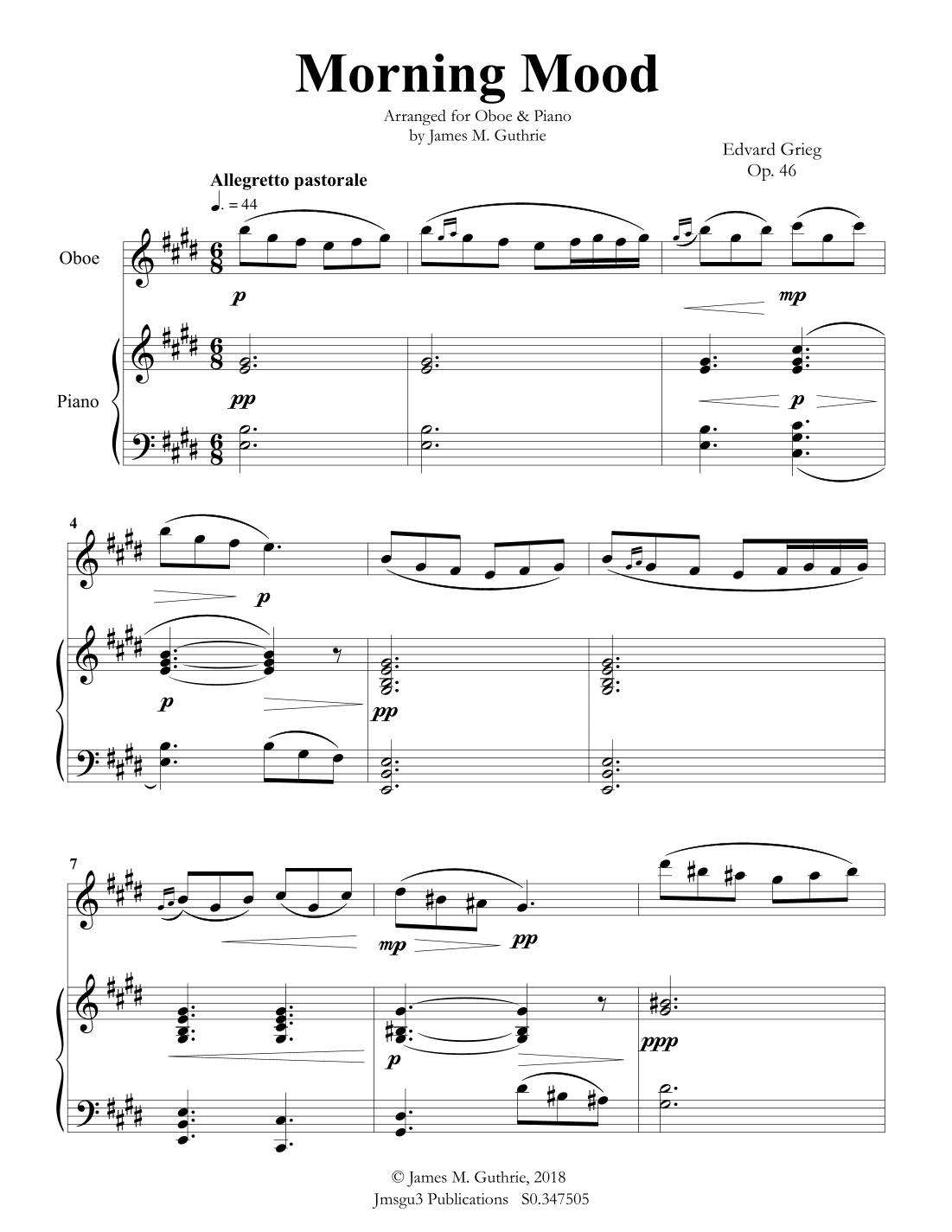 Grieg: Morning Mood from Peer Gynt Suite for Oboe & Piano (arr. James M. Guthrie, ASCAP)