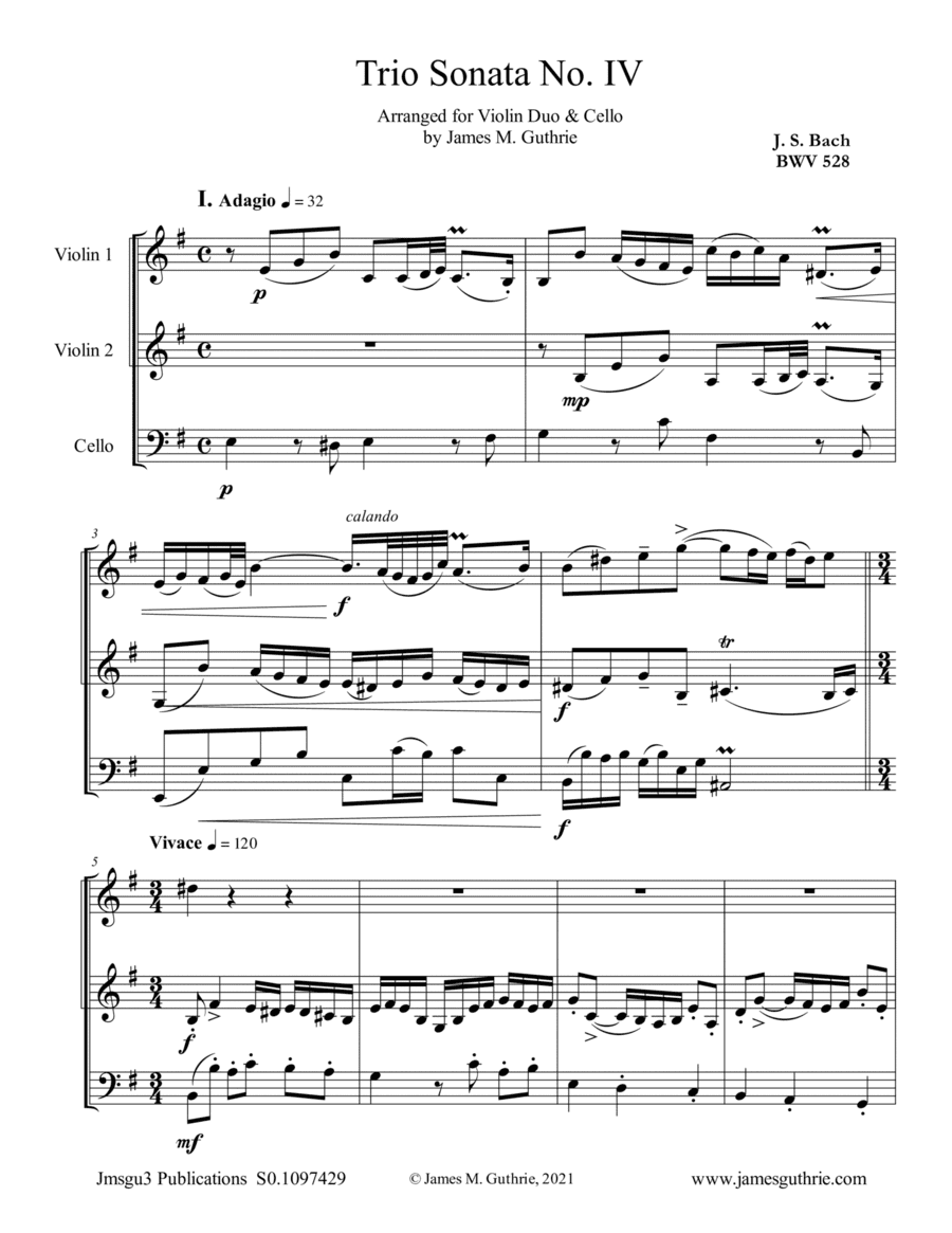 BACH: Trio Sonata No. 4 BWV 528 for Violin Duo & Cello (arr. James M. Guthrie)