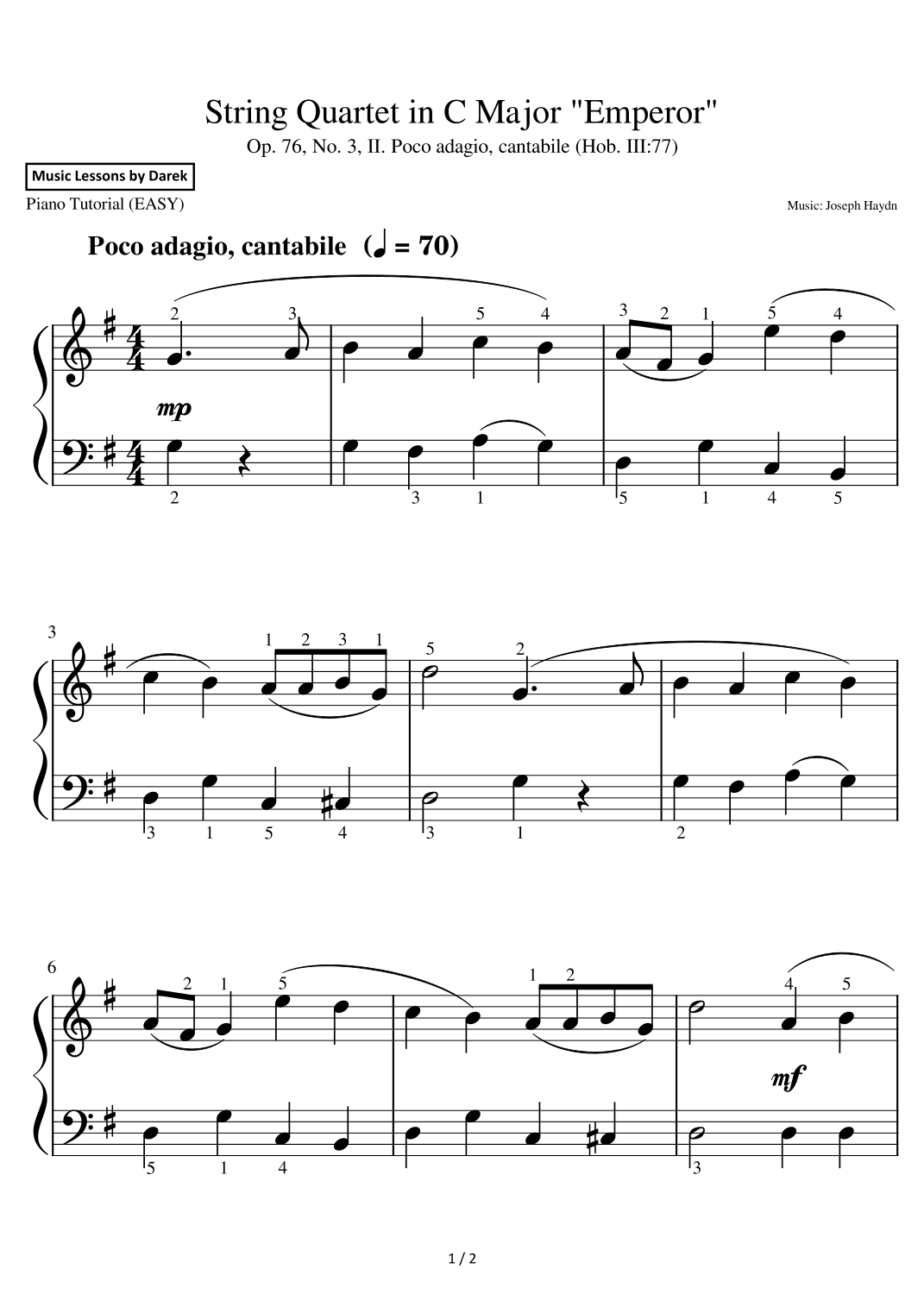 String Quartet in C Major "Emperor" (EASY PIANO) Op. 76, No. 3, (Hob. III:77) [Joseph Haydn] (arr. Darek)