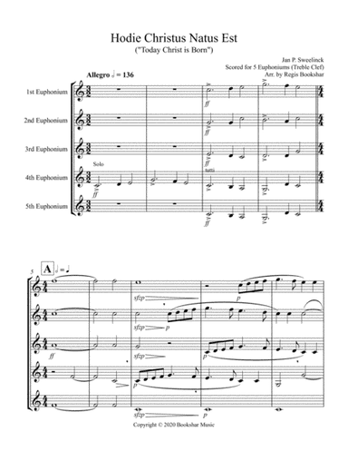 Hodie Christus Natus Est (Euphonium Quintet - Treble Clef) (arr. Regis Bookshar)